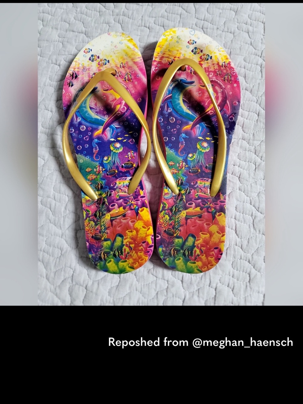 Lisa Frank Gold Strap Flip Flops with Colorful Dolphin Print